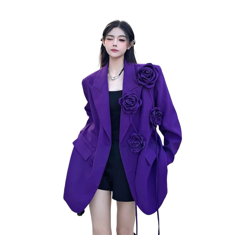 Women's Blazers Purple Three-dimensional Flower Suit Spring and Autumn New Shoulder Padded Suit Top