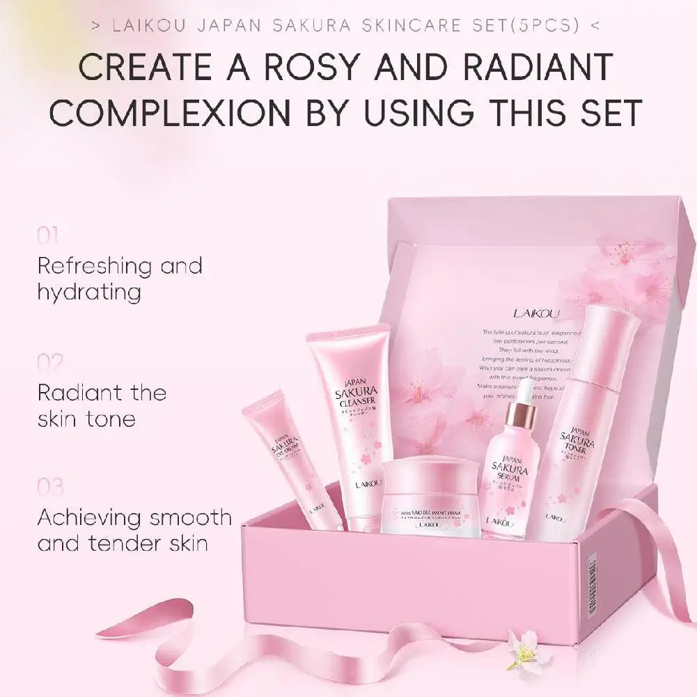 LAIKOU Japan Sakura Skin Care Set Serum Rejuvenating Brightening Cream Glowing Moisturizer Fade Blemishes 5pcs/set