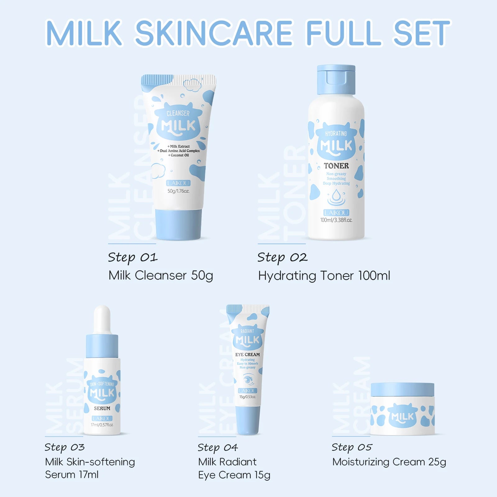 LAIKOU Milk Glowing Skincare Set 5pcs Hydrating Smoothing Improve Texture Reveal Radiance Refine Firmness