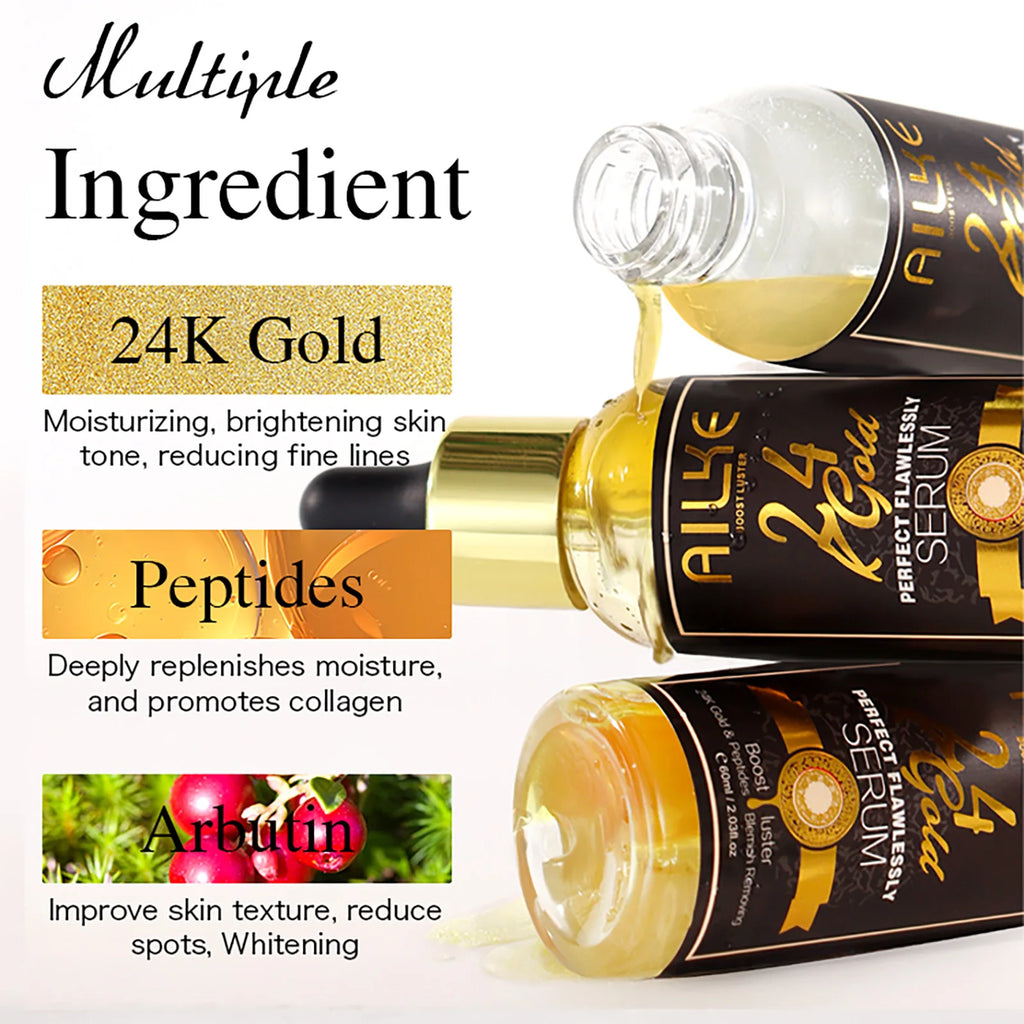 AILKE 24K Gold Flawlessly Serum, Whitening, Deep Clean Skin, Even Skin Tone, Reduce Black Spots, With Peptide, For Face & Body
