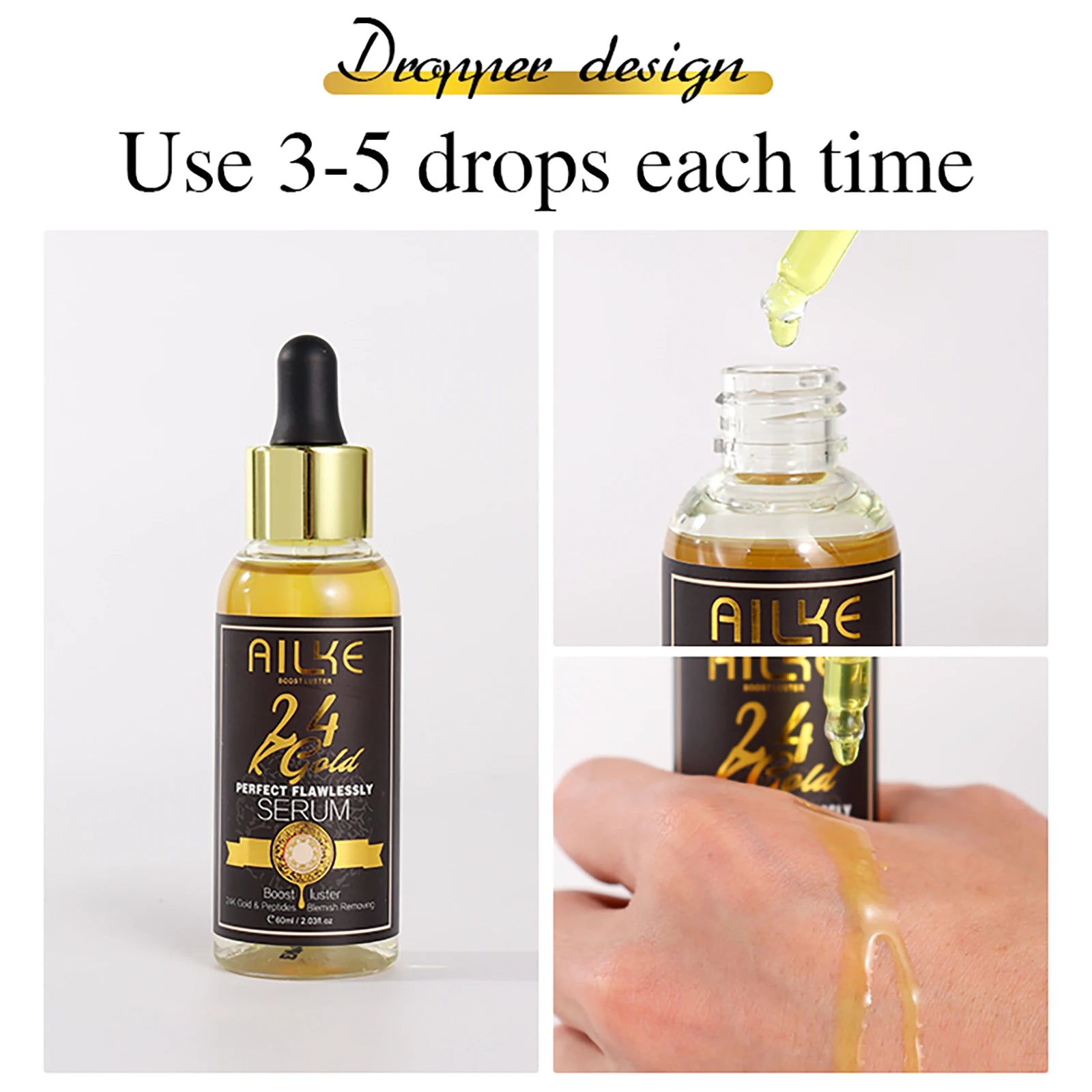 AILKE 24K Gold Flawlessly Serum, Whitening, Deep Clean Skin, Even Skin Tone, Reduce Black Spots, With Peptide, For Face & Body