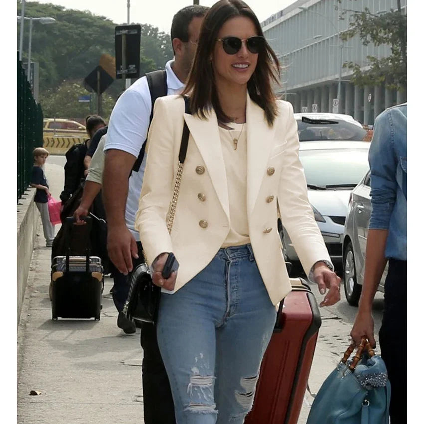 Pink Blazer Women TOP QUALITY Coat 2025 White Slim Blazer Jacket Female Double Breasted Metal Lion Buttons Women Blazers Tops