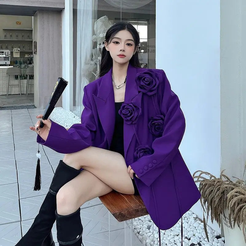 Women's Blazers Purple Three-dimensional Flower Suit Spring and Autumn New Shoulder Padded Suit Top