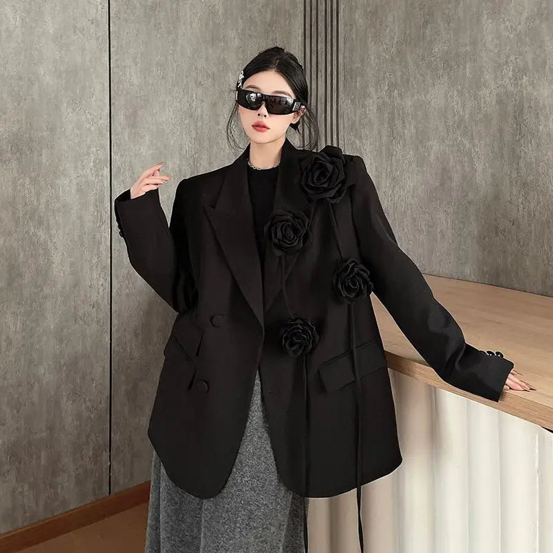 Women's Blazers Purple Three-dimensional Flower Suit Spring and Autumn New Shoulder Padded Suit Top