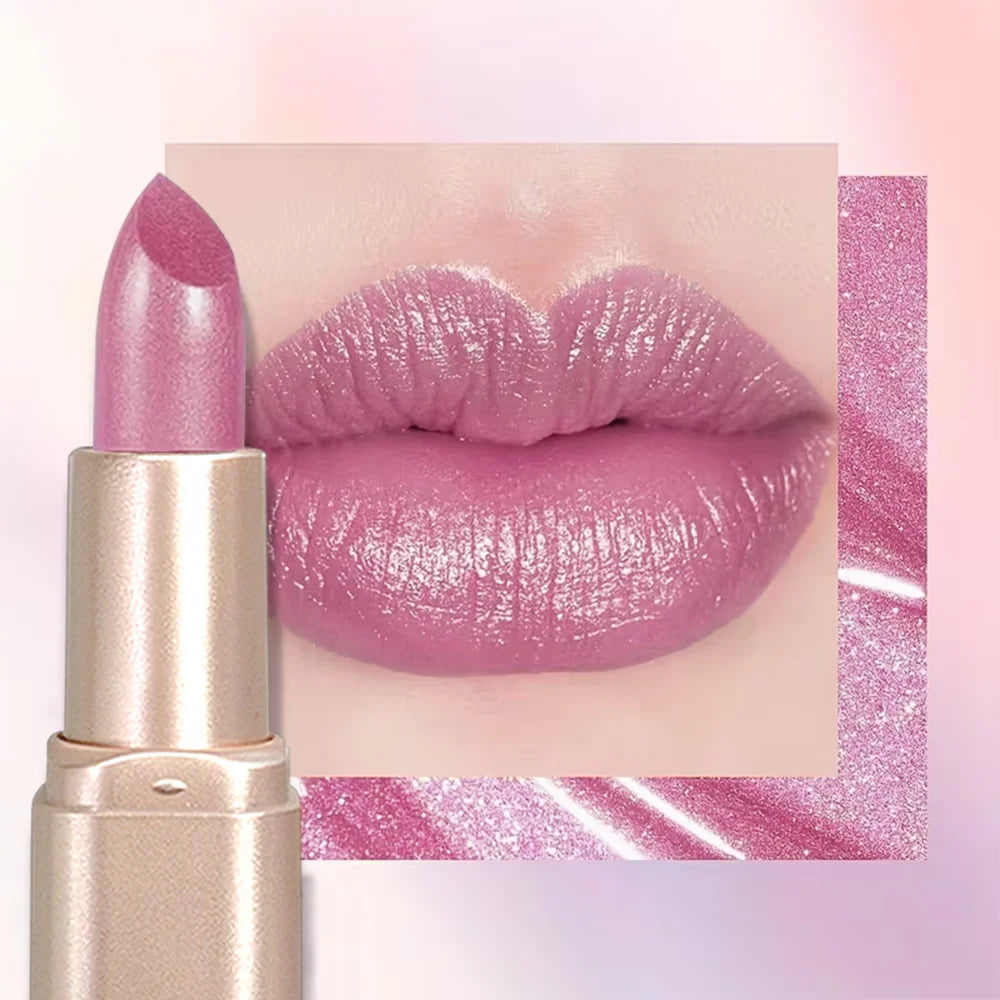 Glitter Pink Lipstick, Pearlescent Shimmer Glow, Rich Color Payoff, Waterproof Long-Wear Lipstick for Any Occasion