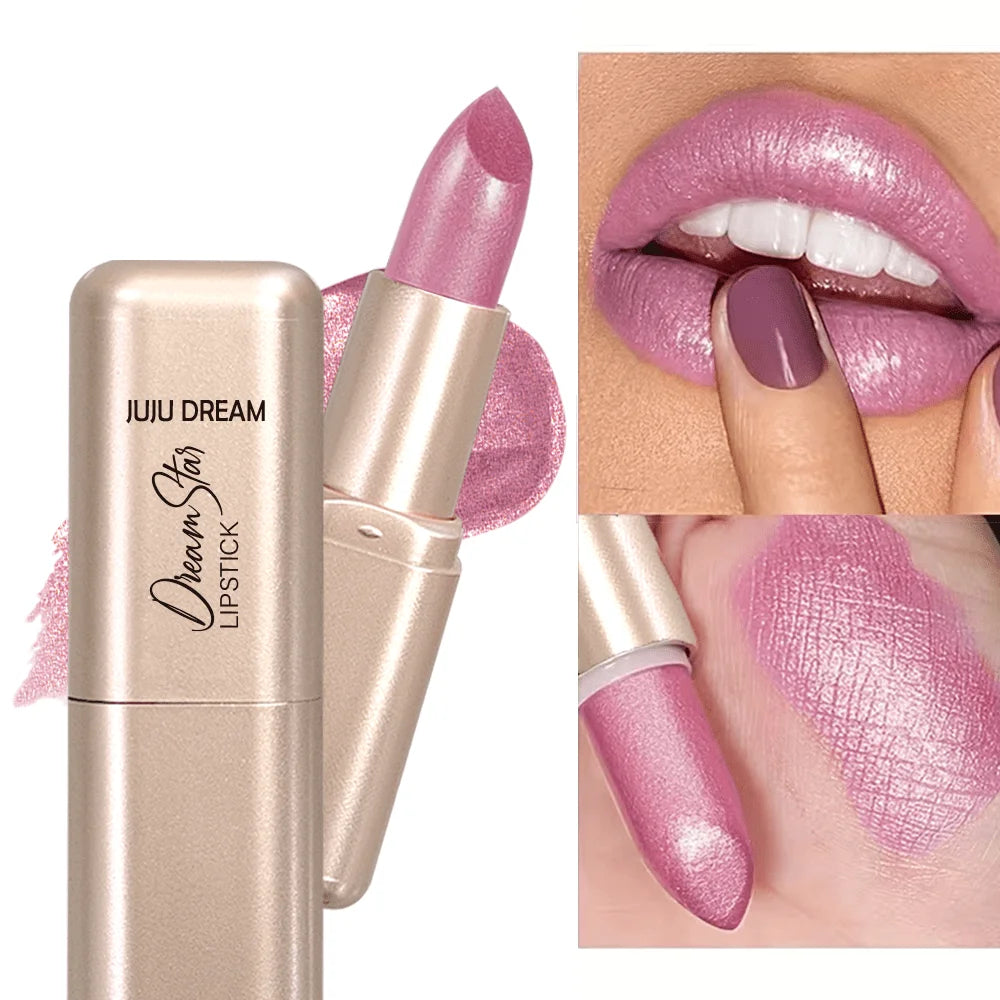Glitter Pink Lipstick, Pearlescent Shimmer Glow, Rich Color Payoff, Waterproof Long-Wear Lipstick for Any Occasion