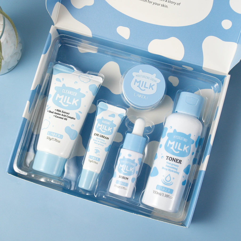 LAIKOU Milk Glowing Skincare Set 5pcs Hydrating Smoothing Improve Texture Reveal Radiance Refine Firmness