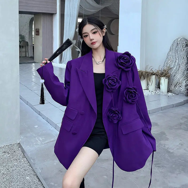 Women's Blazers Purple Three-dimensional Flower Suit Spring and Autumn New Shoulder Padded Suit Top