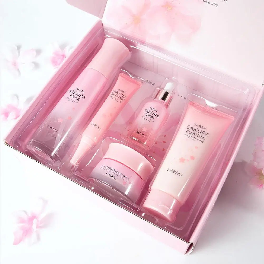 LAIKOU Japan Sakura Skin Care Set Serum Rejuvenating Brightening Cream Glowing Moisturizer Fade Blemishes 5pcs/set