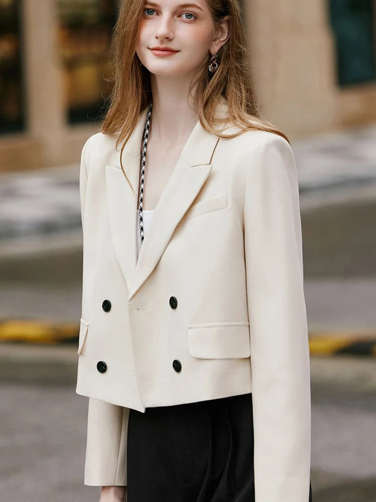 Women Crop Blazers Solid Simple Office Lady Spring Autumn Long Sleeve Suit Jacket Double Breasted Fashion Elegant Female Coat