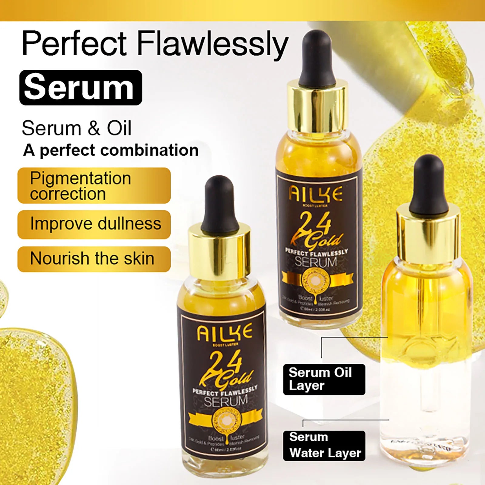 AILKE 24K Gold Flawlessly Serum, Whitening, Deep Clean Skin, Even Skin Tone, Reduce Black Spots, With Peptide, For Face & Body
