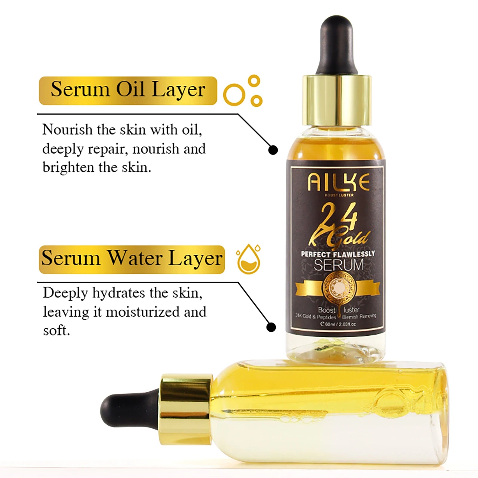 AILKE 24K Gold Flawlessly Serum, Whitening, Deep Clean Skin, Even Skin Tone, Reduce Black Spots, With Peptide, For Face & Body