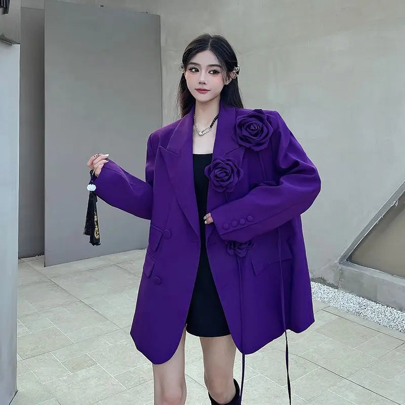 Women's Blazers Purple Three-dimensional Flower Suit Spring and Autumn New Shoulder Padded Suit Top