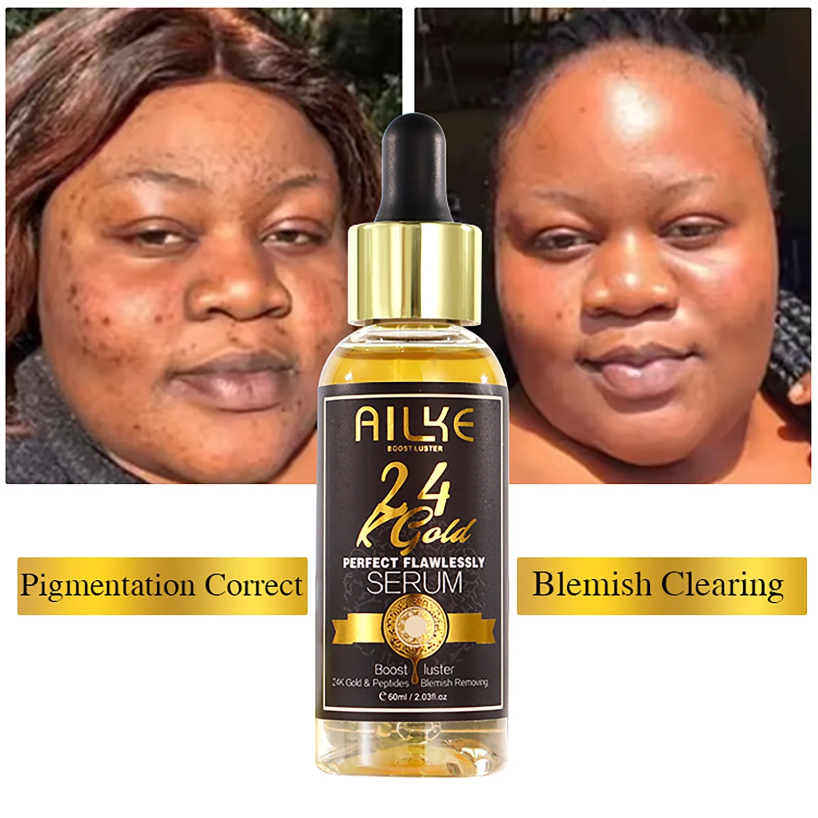AILKE 24K Gold Flawlessly Serum, Whitening, Deep Clean Skin, Even Skin Tone, Reduce Black Spots, With Peptide, For Face & Body