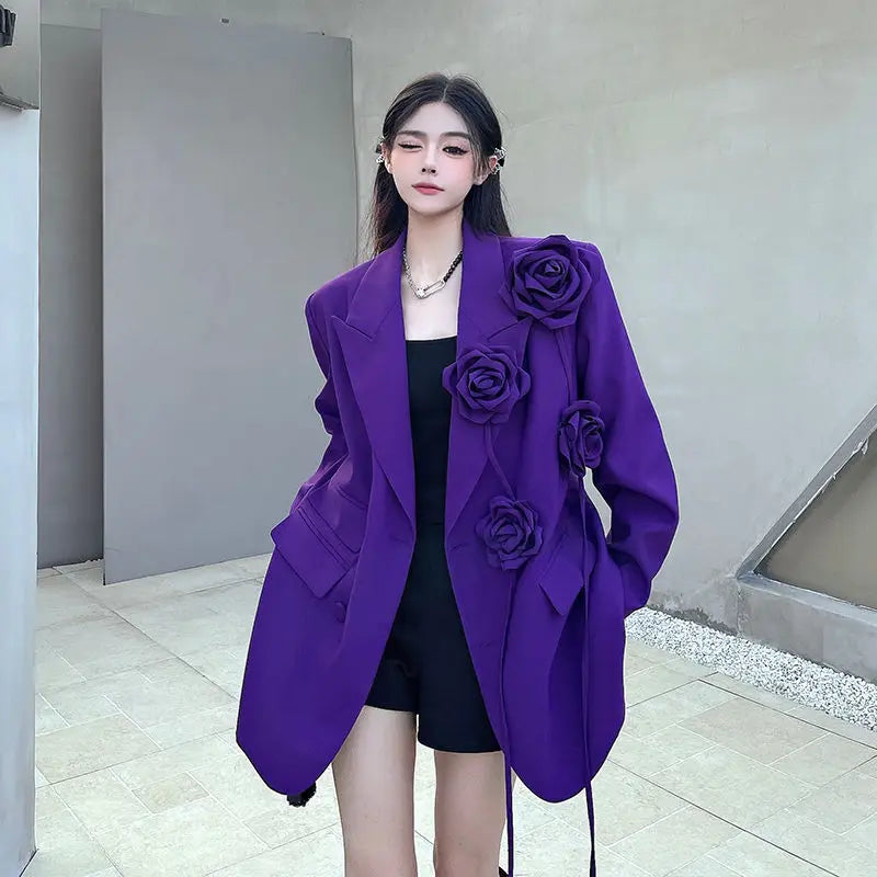 Women's Blazers Purple Three-dimensional Flower Suit Spring and Autumn New Shoulder Padded Suit Top