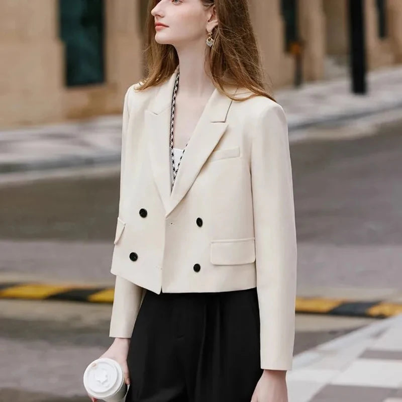 Women Crop Blazers Solid Simple Office Lady Spring Autumn Long Sleeve Suit Jacket Double Breasted Fashion Elegant Female Coat