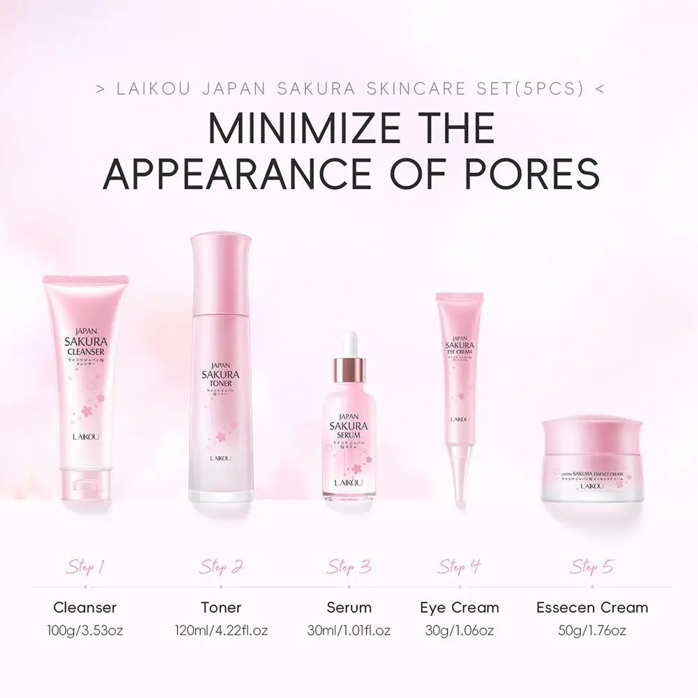 LAIKOU Japan Sakura Skin Care Set Serum Rejuvenating Brightening Cream Glowing Moisturizer Fade Blemishes 5pcs/set