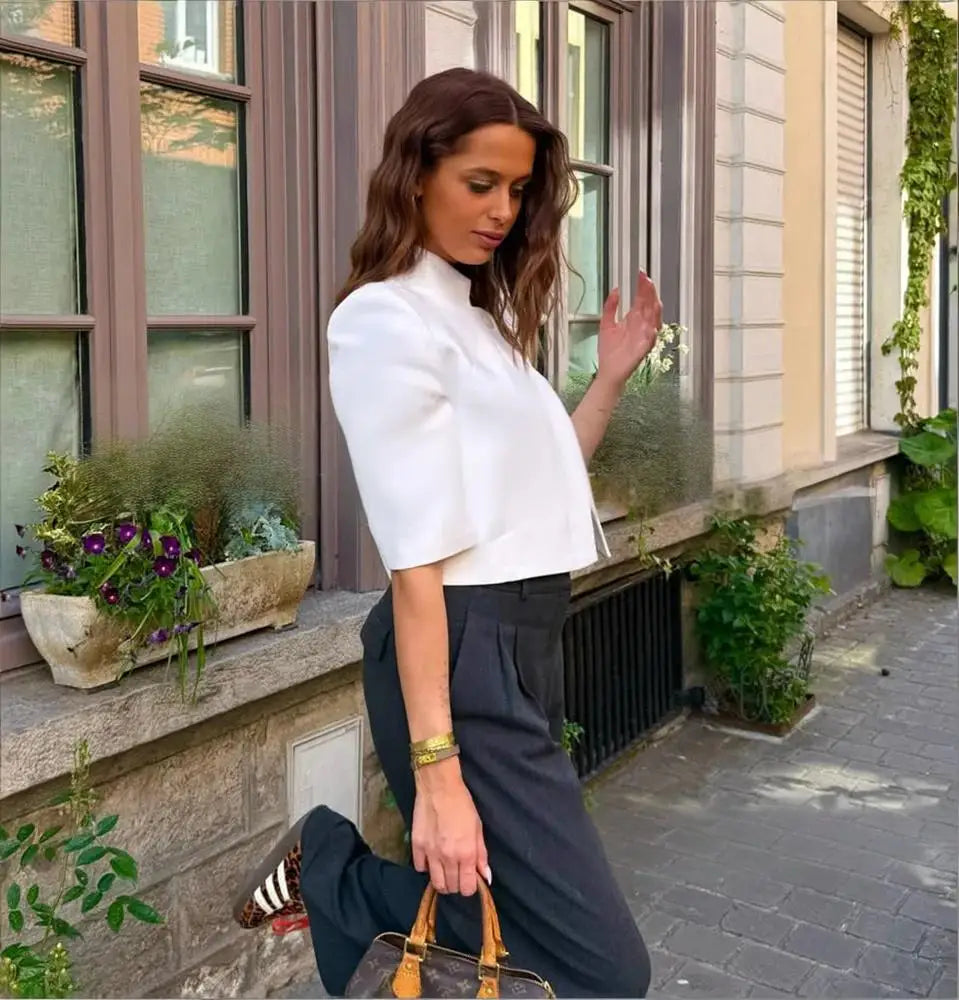 Women White Elegant Blazers Spring Summer Female Trendy Short Sleeve Blazer Tops Fashion Holiday Commute Ladies Short Blazers