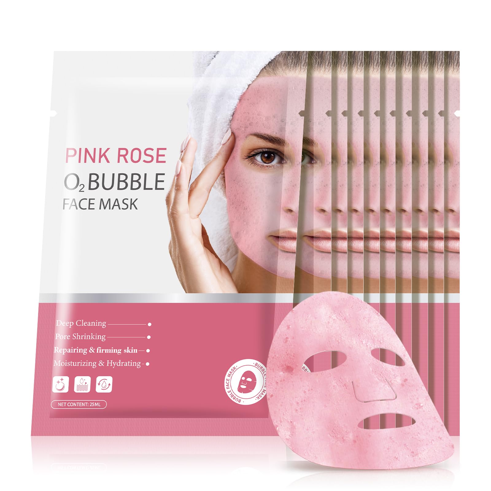 GUOYAOLIFU 10 Sheets O2 Bubble Face Masks Skincare Pink Rose